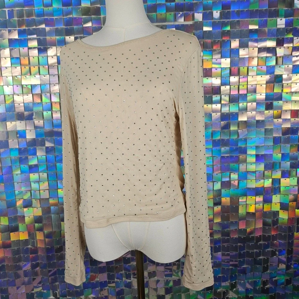 Almost Famous Rhinestone Mesh Top Womens XL Beige Excellent Long‎ Sleeve Sparkle